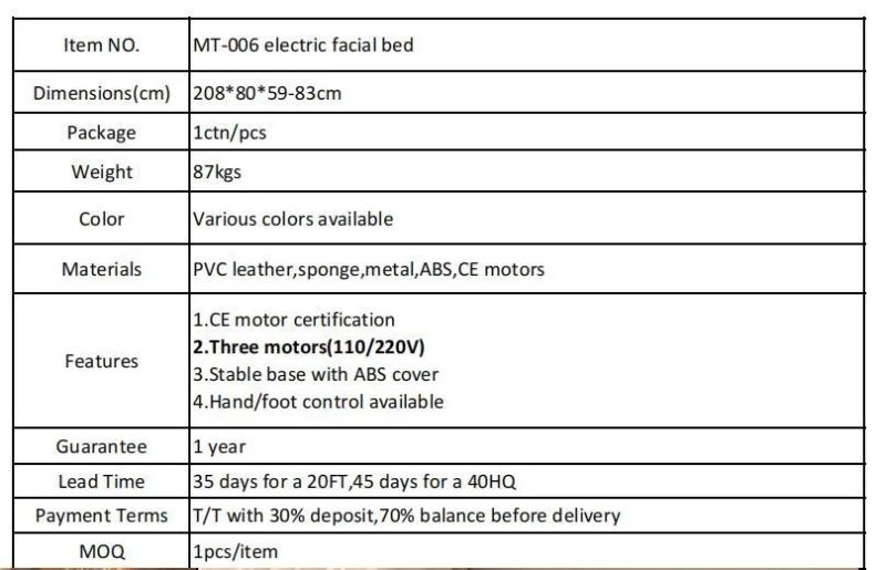 Hochey Medical Factory Price Hot Selling White Salon Furniture with Wired Handset Electric Backrest Adjustable SPA Beauty Bed