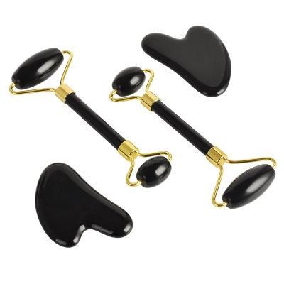 High Quality Black Obsidianjade Roller Set Factory Wholesale Metal Ice Face Jade Roller Gua Sha Stone Tool for Anti Aging