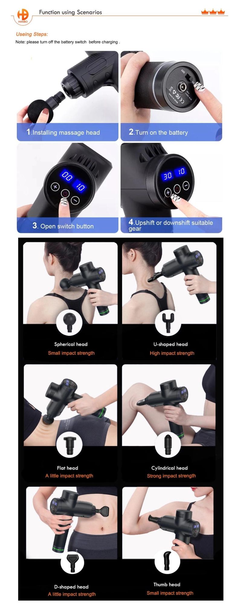 Professional 12mm Depth Massage Body Muscle Massager Gun with 2500 Ma 5 Hours Battery Life