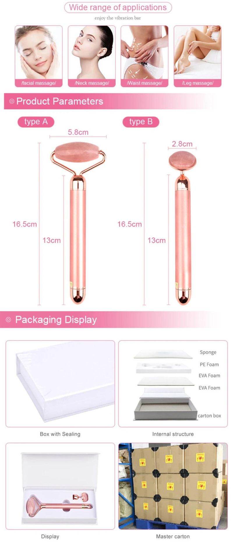 Handheld Rose Quartz Jade Roller Beauty Facial Massage Rose Jade Roller for Face with Box