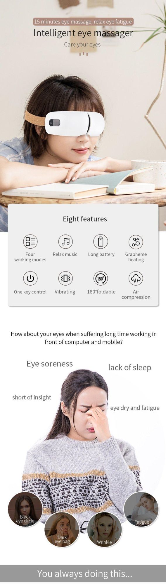 Improve Sleep Heat Compression Air Pressure Eye Therapy Massager Wireless Music Rechargeable Electric Smart Eye Massager