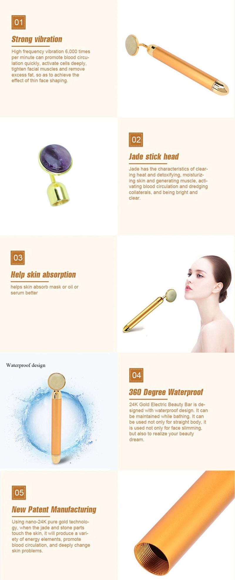 Electric Jade Roller Cosmetic Vibrating Jade Roller 24K Golden Skincare Handle Mini 3D Slimming Waterproof Facial Massager