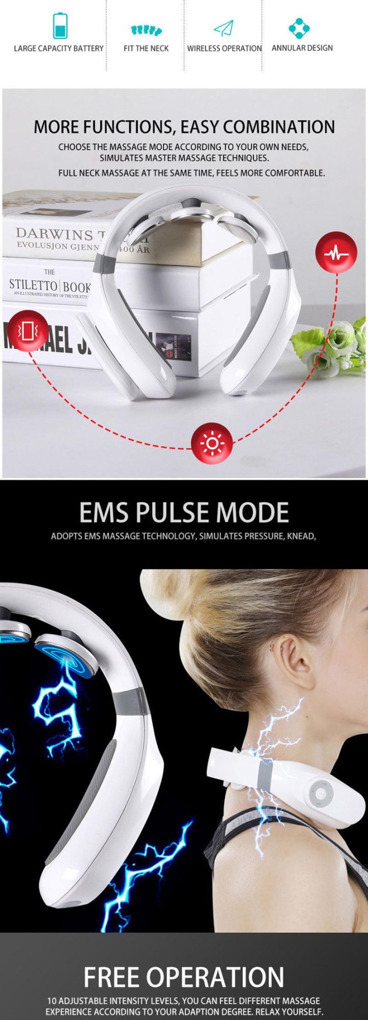 Hezheng Portable Cordless Office Electric EMS Cervical Neck Massage Intelligent Remote Control Therapy Neck Heating Massager