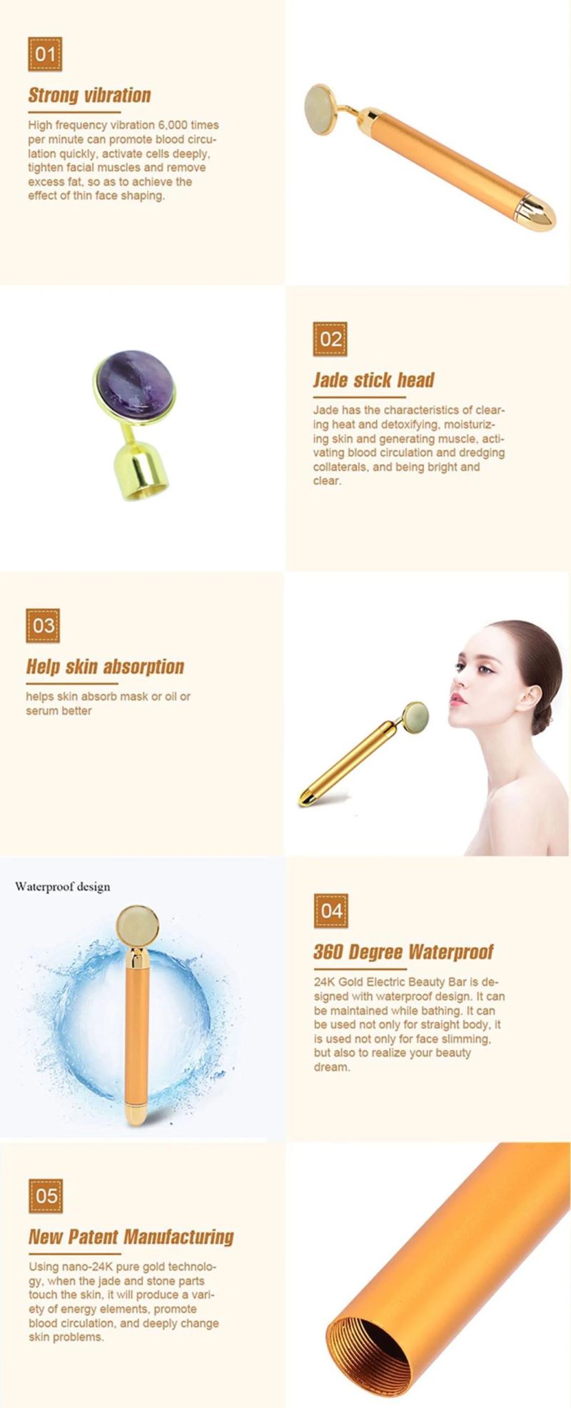 Upgrade 2 in 1 Beauty Anti-Aging Firming Skin Eye Facial Massager Vibrating Electric Jade Face Roller 24K Gold Beauty Bar