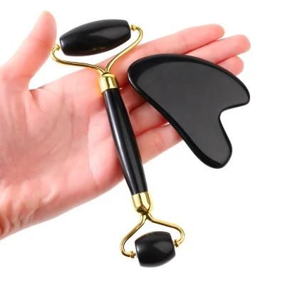 Skin Care Custom Logo Heart Shape Jade Roller with Guasha Set Guasha Stone Crystal Healing Black Obsidian Gua Sha Black Tool