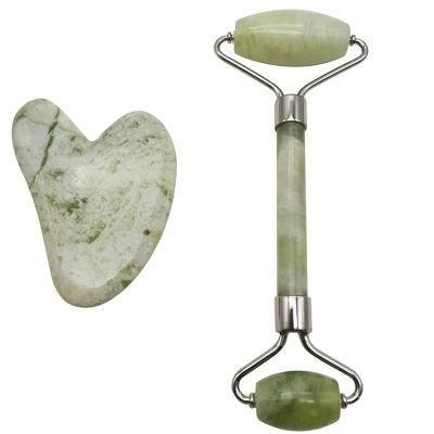 Natural Guasha Tools Facial Massage Roller Heart Shaped Guasha Board Light Green Jade Roller and Gua Sha Set