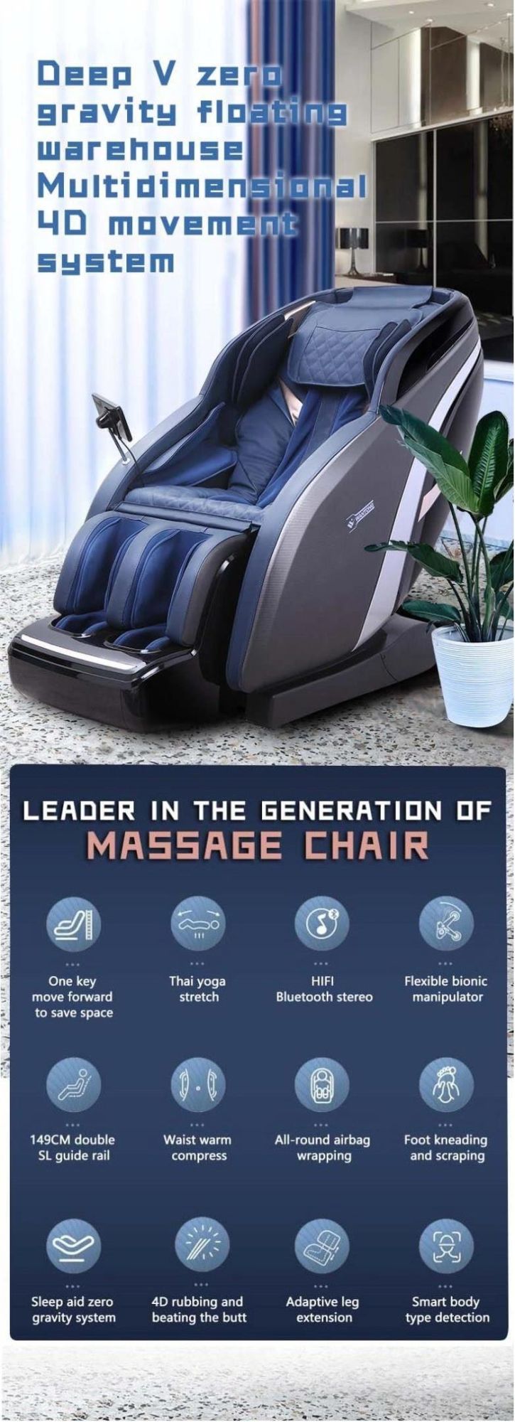 Display LCD Remote Control Luxury 4D Foot SPA Factory Price Kneading Shiatsu Blue-Tooth Full Body Massage Chair