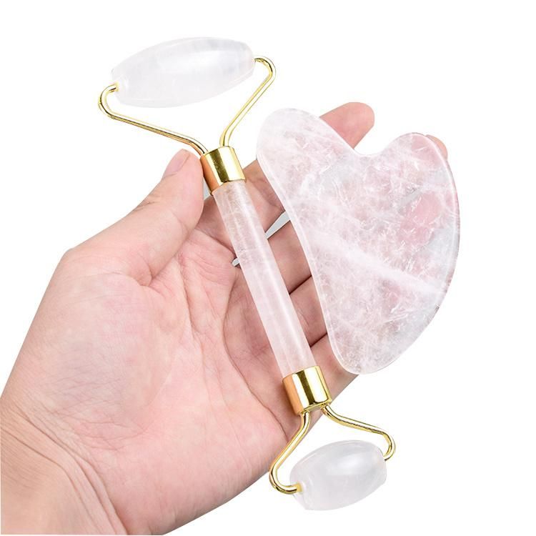 High Quality 100 Natural Real Clear White Quartz Stone Firming Skin Massager Jade Roller Facial Gua Sha Roller Set with Gift Box