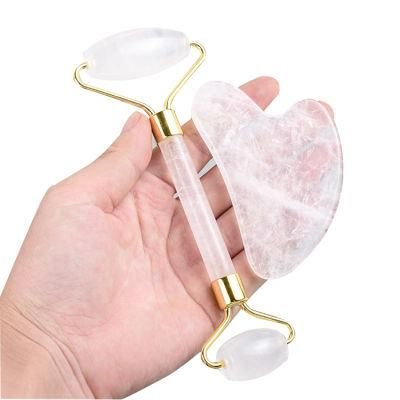 High Quality 100 Natural Real Clear White Quartz Stone Firming Skin Massager Jade Roller Facial Gua Sha Roller Set with Gift Box