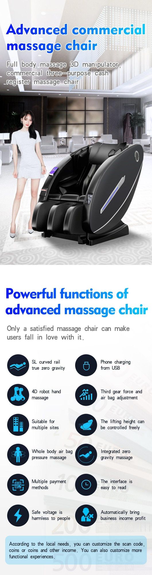 High Quality 3D Zero Gravity Full Body Shiatsu Paper Money Operated Massage Chair