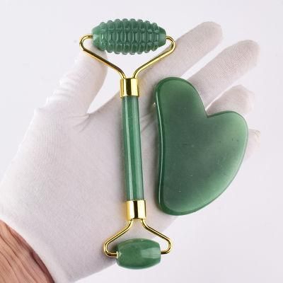 Jade Roller Clear Green Aventurine Heart-Shaped Scraping Board Facial Beauty Tool Spiky Knobs Massage Roller Set