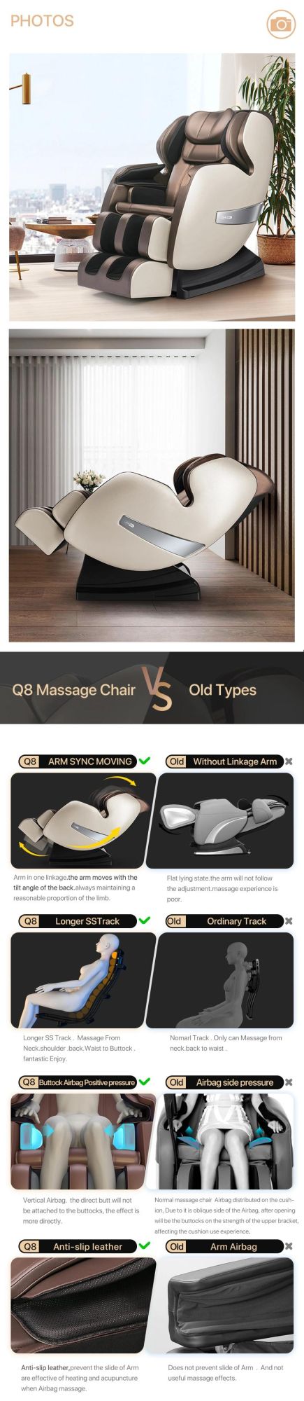 China Excellent Modern Design L Shape Curve Rail Music Massage Chair