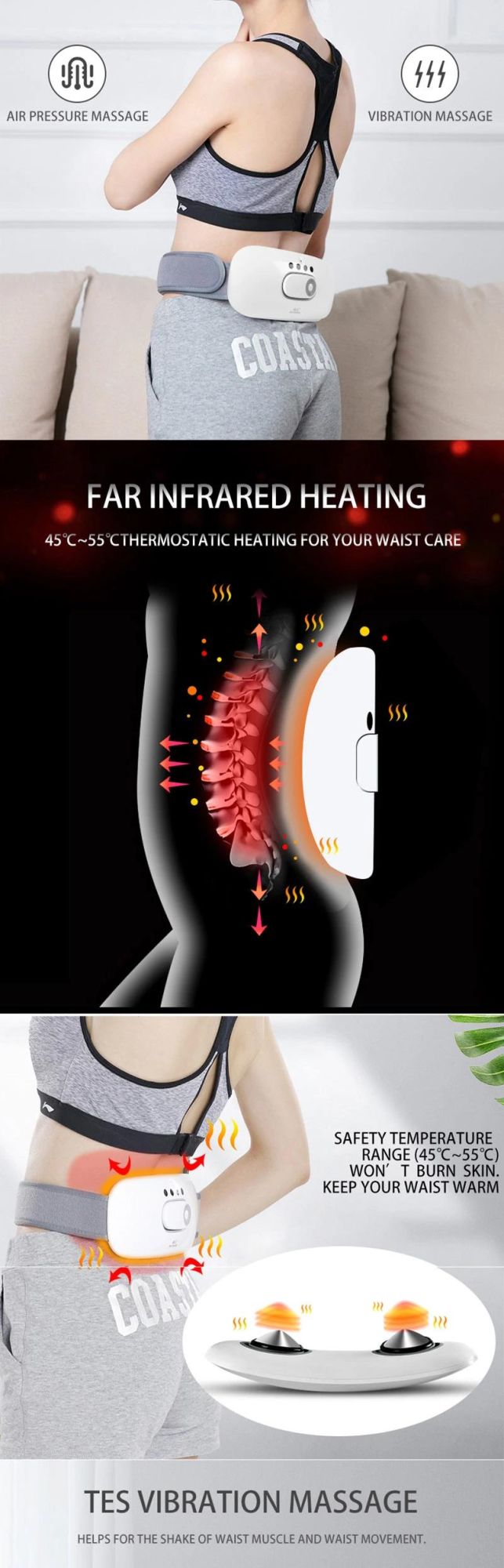 Hezheng Medical Fitness Equipment Lower Back Massage Machine Mini Rechargeable Waist Massager
