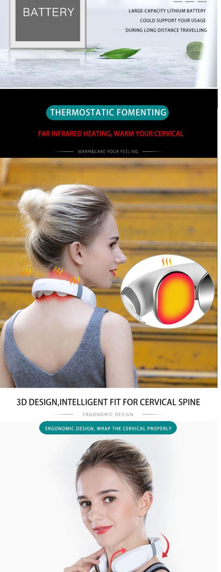 Tens Electric Wireless Therapy Neck Massager Tool with Heat