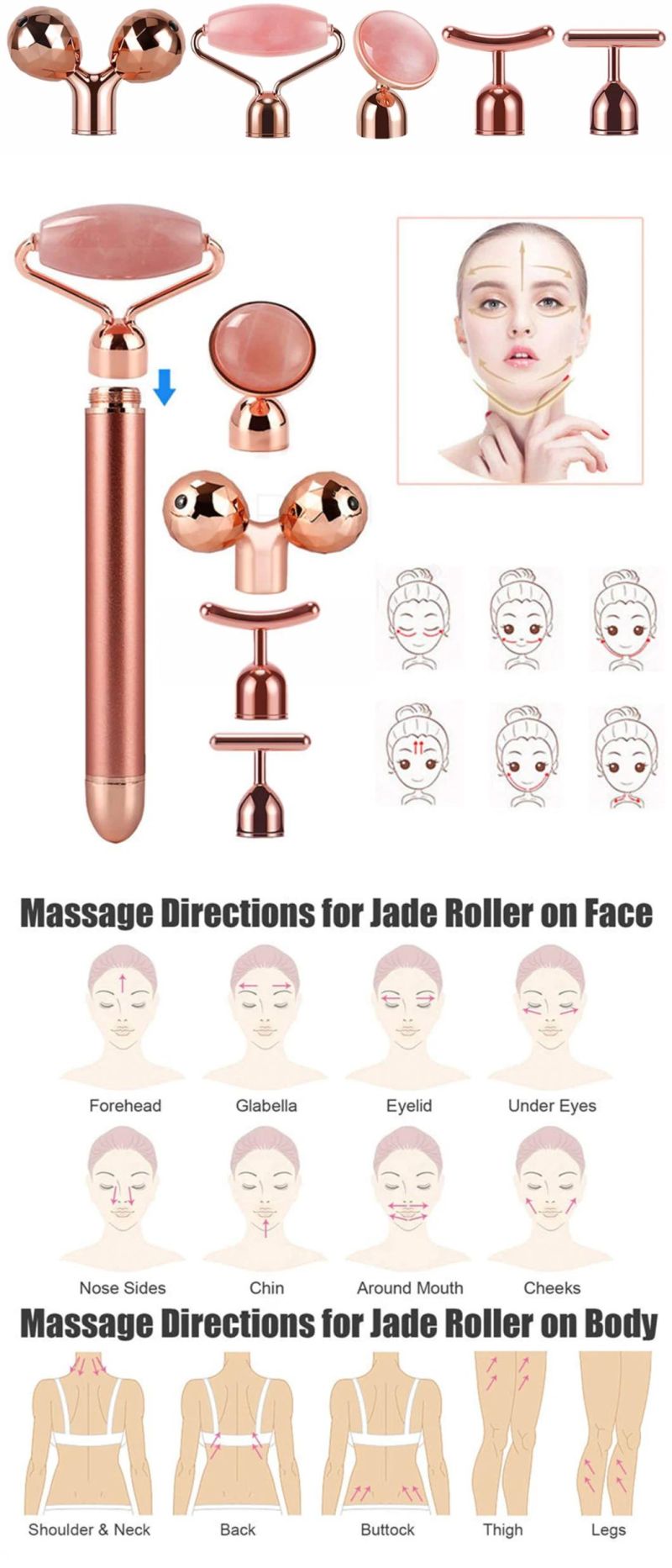 5 in 1 Jade Stone Roller Rose Electric Vibrating Face Lifting Massager Face Care Quartz Jade Tools with 3 Replaceable Heads