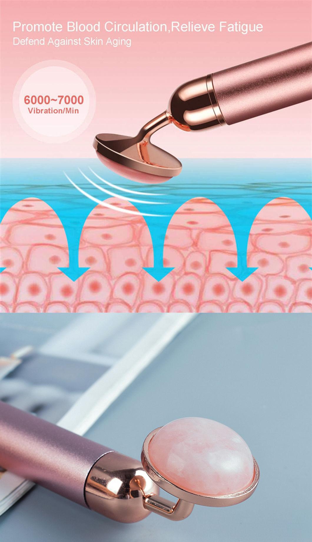 Electric Quartz Roller Vibrating Facial Massager Rose Pink Skin Care Equipment 2 in 1 Beauty Jade Roller