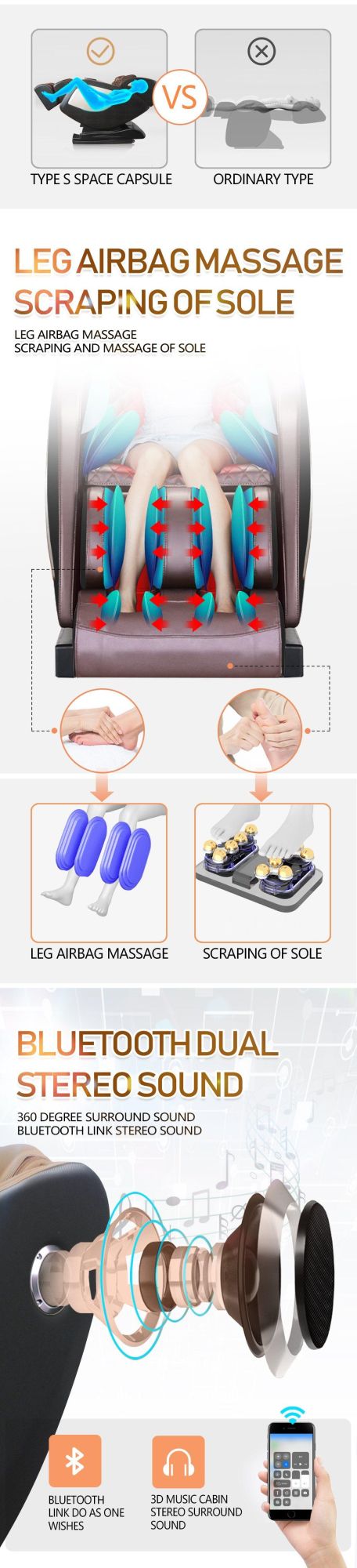 Latest Design 3D Zero Gravity Bluetooth Music Relaxing Foot Roller Massage Chair for Health Care