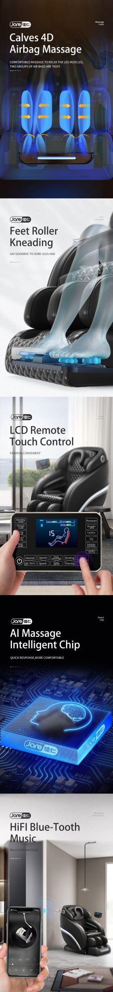 Jare 6687n Latest Leather Touch Screen Technology Zero Gravity Cover Shiatsu Foot Massager Full Body Massage Chair