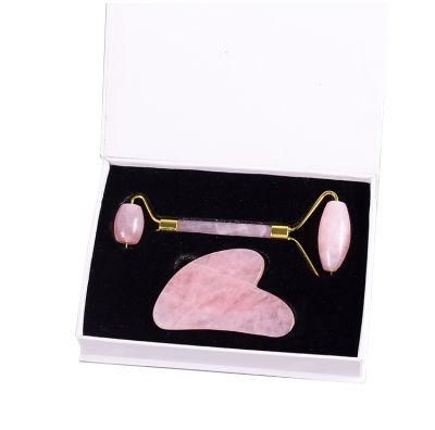 Natural Pink Jade Facial Massage Gua Sha Board Jade Roller and Gua Sha Set Rose Quartz Guasha Tool with Box
