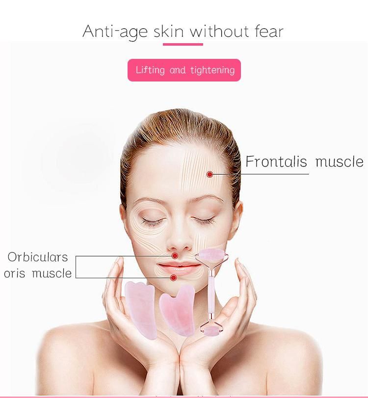 China Supplier Home Use 100% Natural Facial Massage Rose Quartz Jade Roller Gua Sha Tools