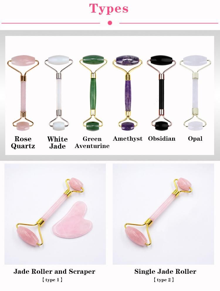 2021 Natural Rose Quartz Stone Nephrite Green Pink Facial Jade Roller with Box Neck Face Roller for Anti Aging Skincare