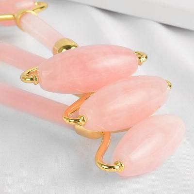 Hot Selling OEM Private Label Wholesale Metal Welded Natural Rose Quartz Pink Jade Roller for Face