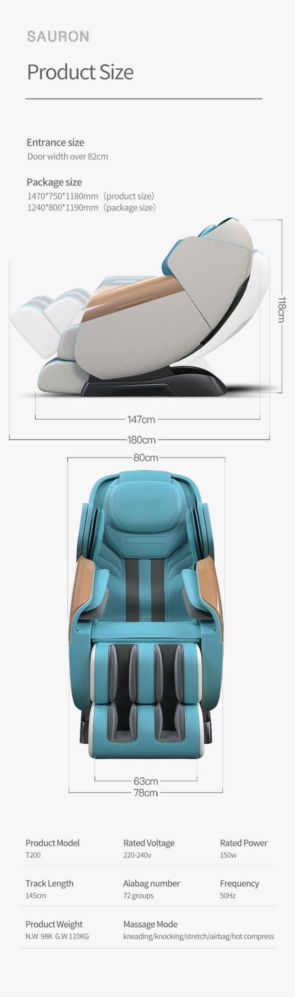 Sauron T200 Recliner Massage Chair with Zero Gravity Foot Roller