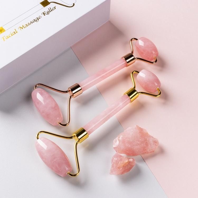 Hot Selling OEM High Quality Jade Stone Facial Messager Roller Anti Aging Welded Natural Rose Quartz Pink Jade Roller for Face