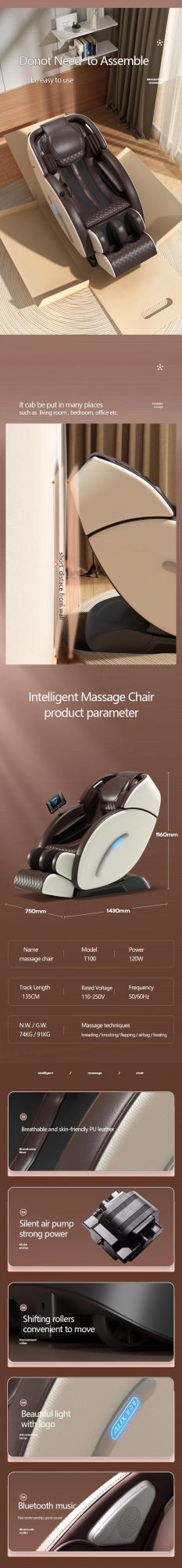 Sauron T100 New Product 3D Luxury Massager Chair Long SL Track Full Body Massage Chairs Cheap Price