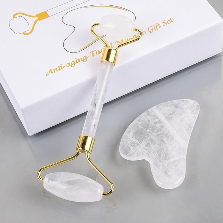 High Quality 100 Natural Real Clear White Quartz Stone Firming Skin Massager Jade Roller Facial Gua Sha Roller Set with Gift Box