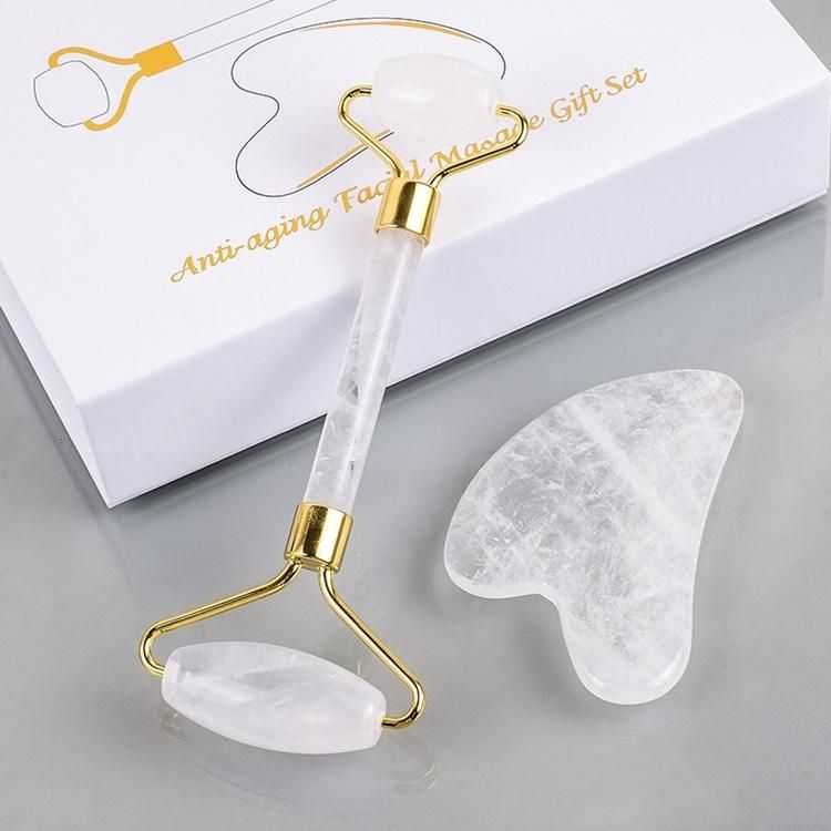 High Quality 100 Natural Real Clear White Quartz Stone Firming Skin Massager Jade Roller Facial Gua Sha Roller Set with Gift Box