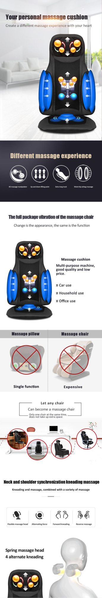 Masaje Neck Back Kneading Shiatsu Vibrating Car Electric Buttock Multifunction Massage Seat Cushion with Heat