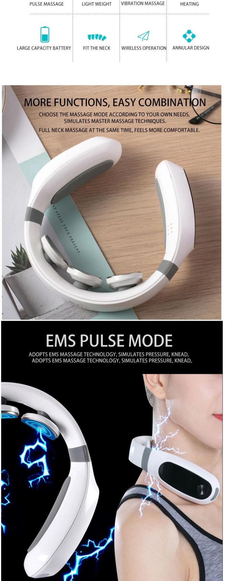Plastic Cervical Vertebra Massage Instrument Portable Vibrating Travel Neck Massager with Heat