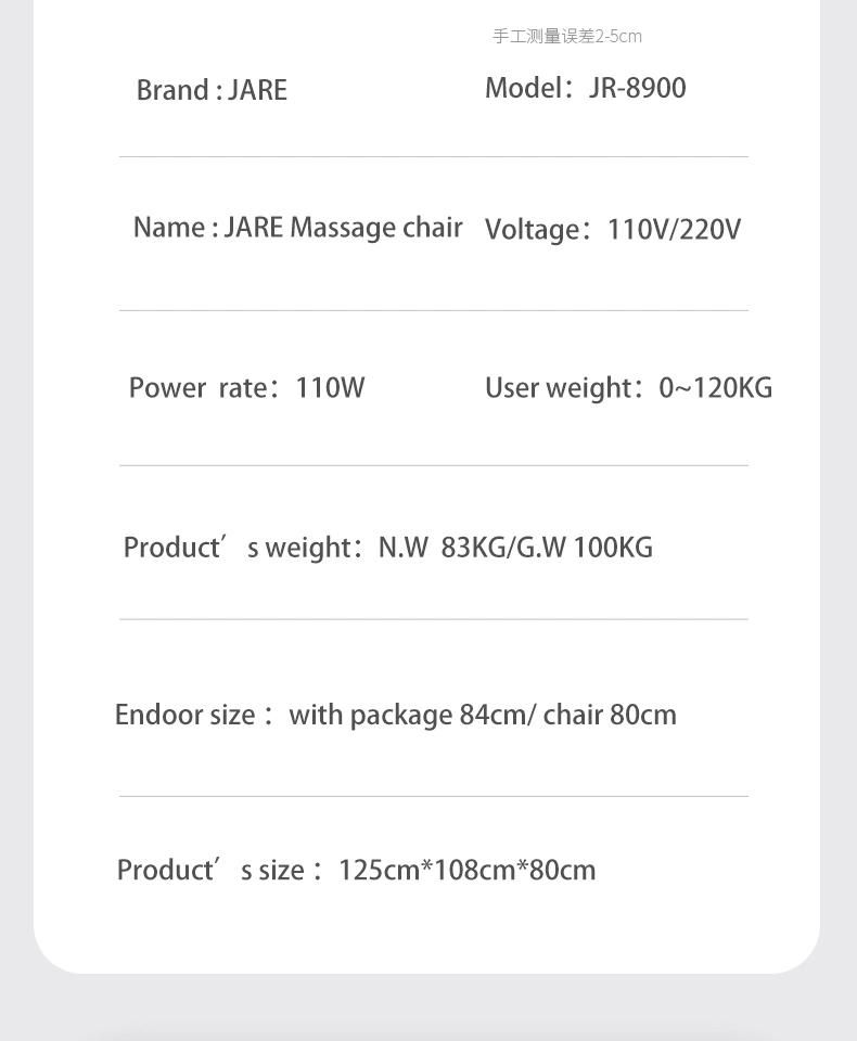 2022 New Design Jr-8900 Full Body 4D SL Track Remote Control Zero Gravity Shiatsu Hip Office Recliner Massage Chair