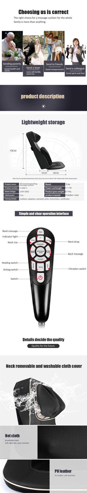 Back Smart Car Home Dual-Use Car with Kneading Vibrating and Heat for Full Body Massage Cushion