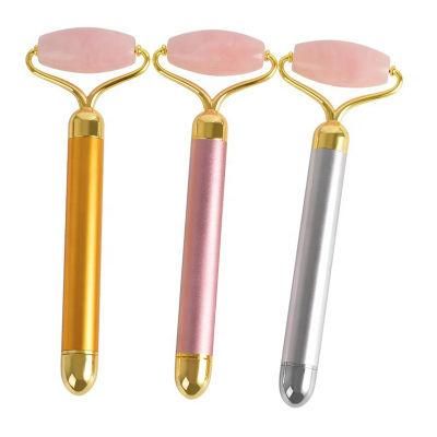 Electric Quartz Roller Vibrating Facial Massager Rose Pink Skin Care Equipment 2 in 1 Beauty Jade Roller