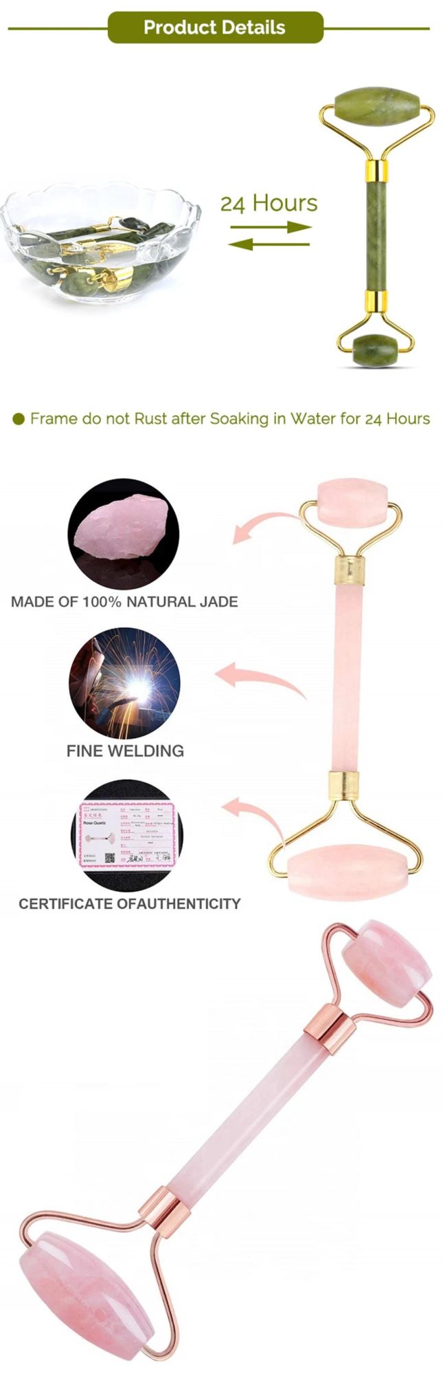 Hot Selling Rose Quartz Roller Cheap Private Label Pink Face Roller Crystal Pink Jade Roller Set with Acrylic for Anti Aging