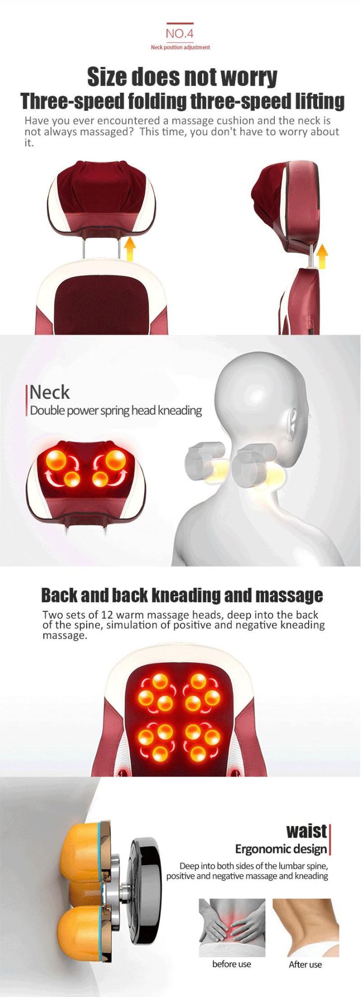 Back Massager Car Seat Masaj Aletleri Home Use Back Relax Shiatsu Vibration Massage Cushion with Heating