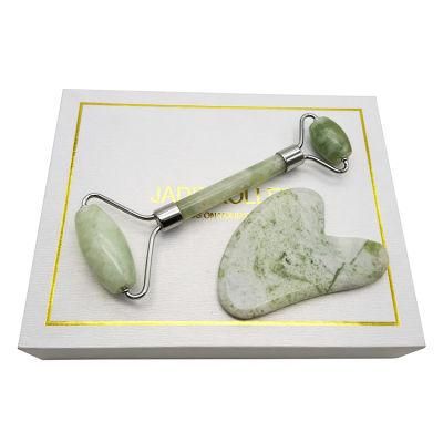 Natural Light Green Jade Guasha Scraping Massage Tool Boby Jade Roller and Gua Sha Set with Box