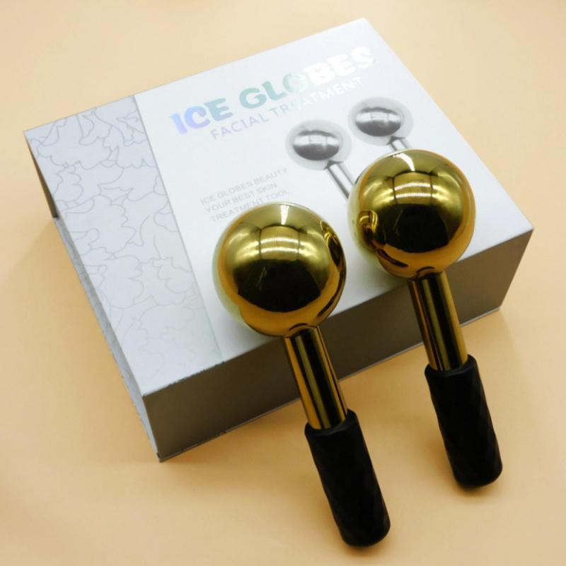 Beauty Facial Ice Roller Cooling Globe Set Cryo Massage Ball Gold Stainless Steel Mini Facials Ice Globes for Face