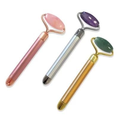 24K Gold Energy Beauty Bar LED Rose Quartz Facial Jade Roller Electric Vibrating Massager for Double Chin Reduce Face Lifting