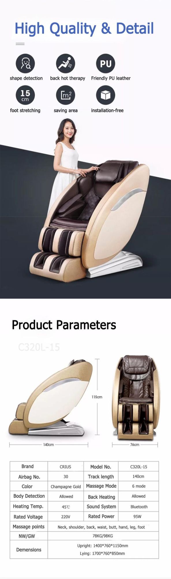 Luxury Lengthen SL Track Whole Body Medical Zero Gravity Massage Chair