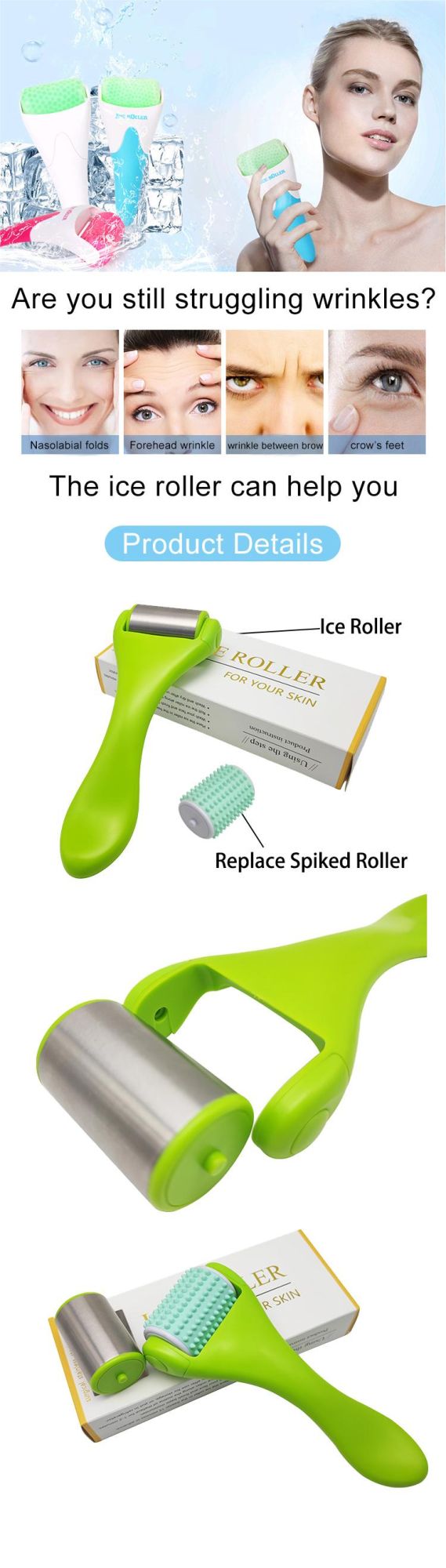 Facial Care Ice Roller Stainless Steel Ice Face Roller with Spiked Roller Head