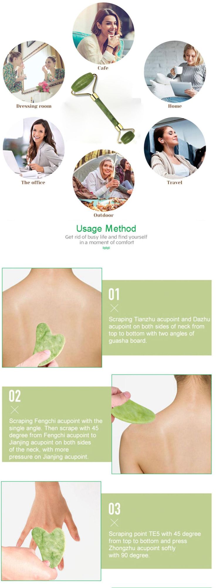 Anti Aging Jade Comb Massage Therapy Comb Guasha Scraping Tool and Massage Jade Comb Set, 100% Natural Jade Massage