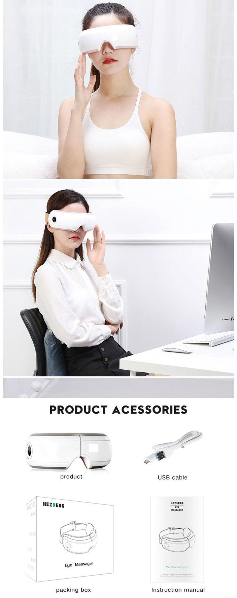 Hezheng New Health Care Product Dry Black Eyes Heat Massage Mask Electric Air Pressure Eye Massager with Bluetooth