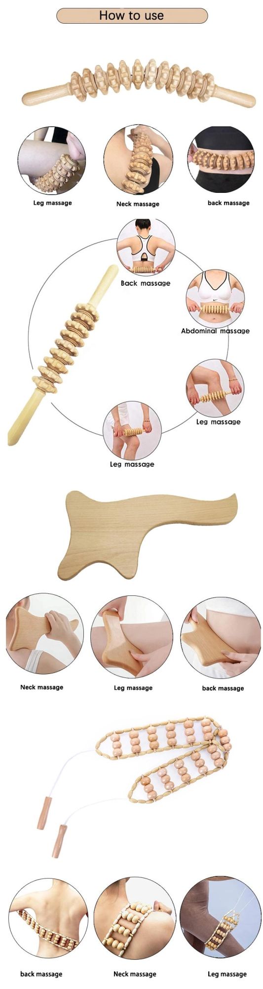 Hot Sale Wood Therapy Massage Tools Set Handheld Wooden Massage Roller Guasha Board Set