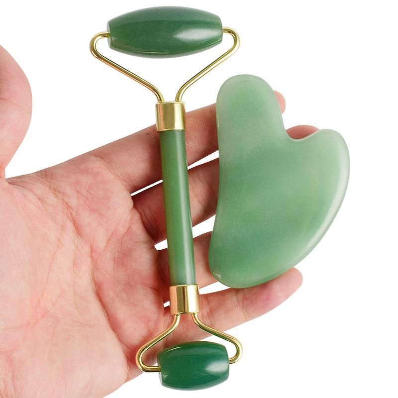 Natural Green Unique Jade Roller Massage Face Eye Beauty Double Roller Set