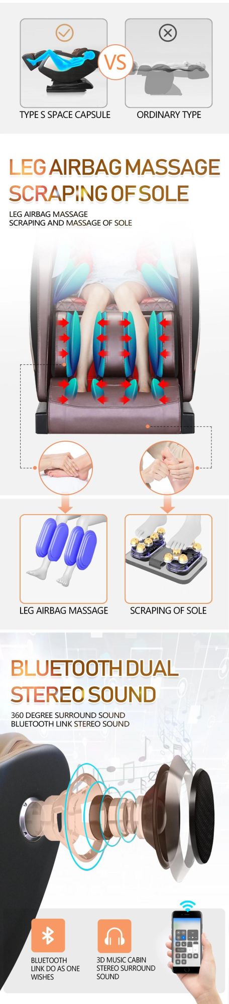 3D Luxury SL Super Longer Track Shape Full Body Music Zero Gravity Massage Chair