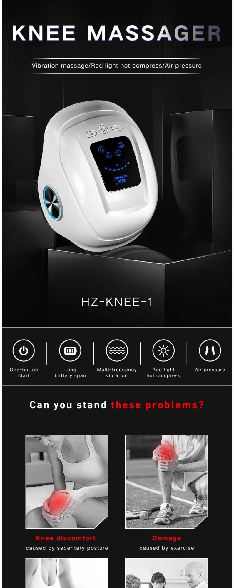 Hezheng Vibration Air Pressure Knee Health Care Pain Relief Electric Heating Knee Joint Massager for Pain Relief