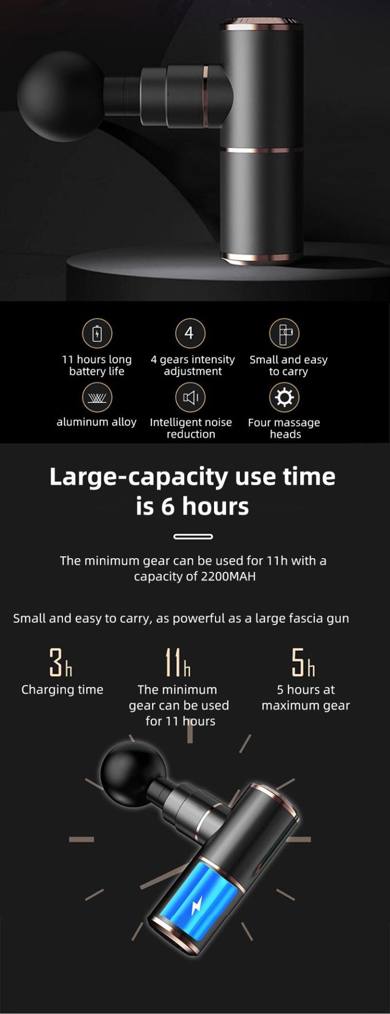 Long Battery Life 4 Gears and Heads Mini Massage Gun